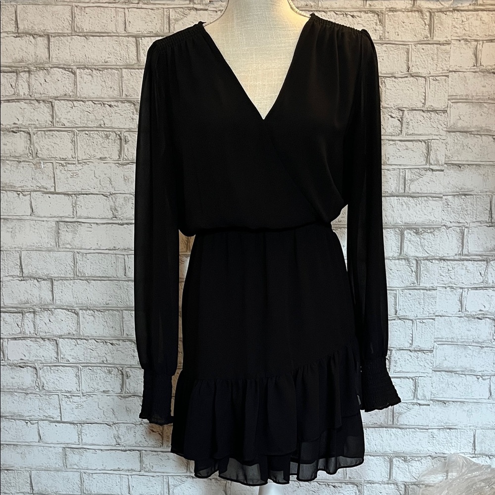 MICHAEL Michael Kors A-line silhouette sheer sleeves smocked waist black dress - Picture 4 of 16